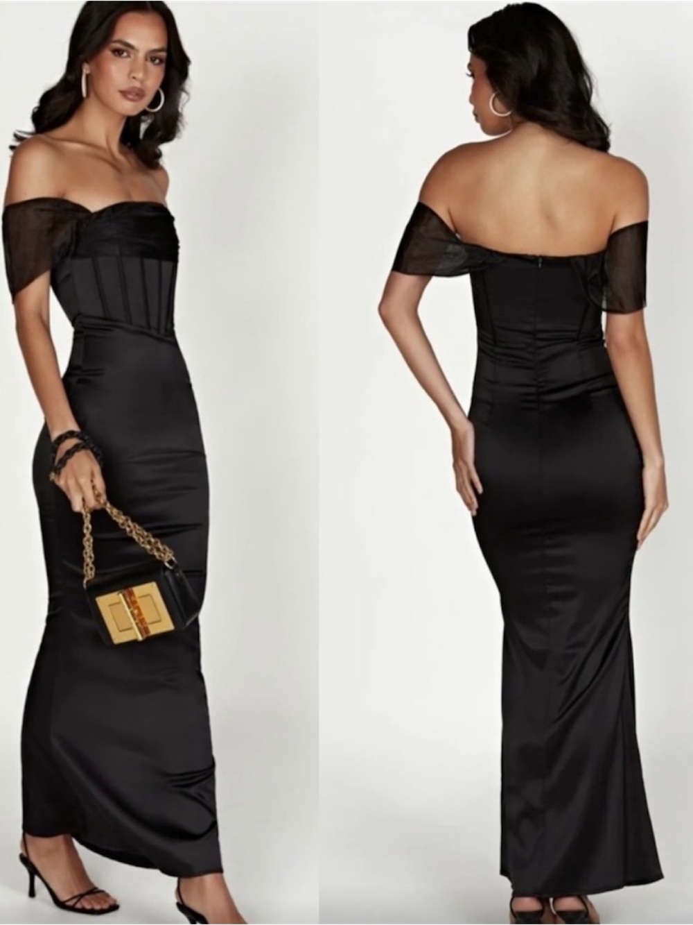 Meshki Everly Off Shoulder Organza Satin Black Maxi Dress